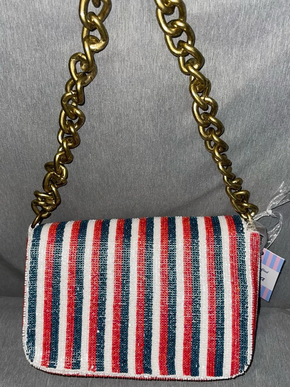 Viral Handcrafted In India Beaded Red White & Blue Shoulder Bag Chain Handle NWT